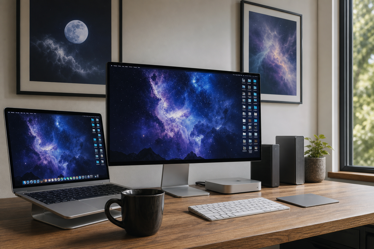 Desk styling with cosmic accents and framed celestial art
