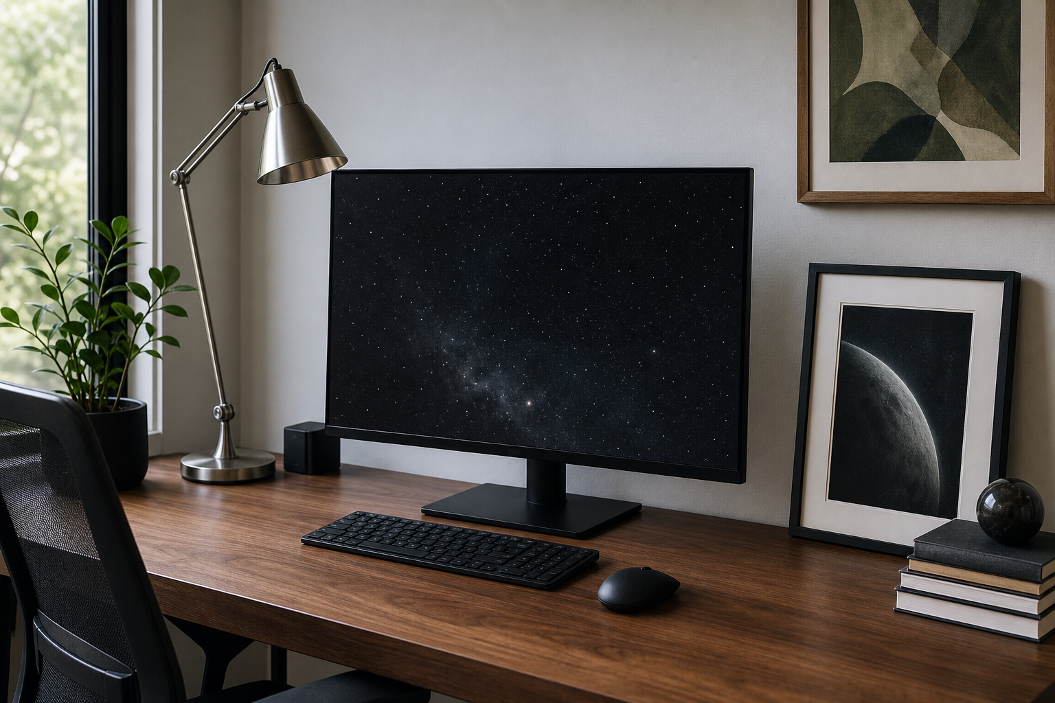 Minimal desk with dark galaxy wallpaper on monitor