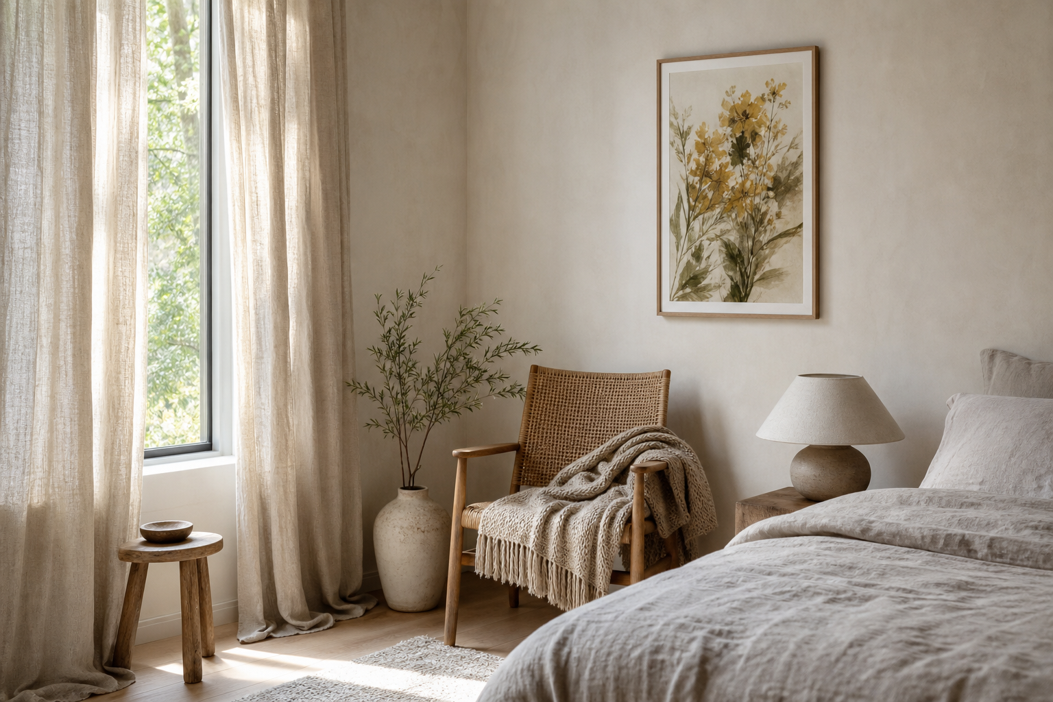 Muted bedroom corner with a floral portrait print and soft textiles