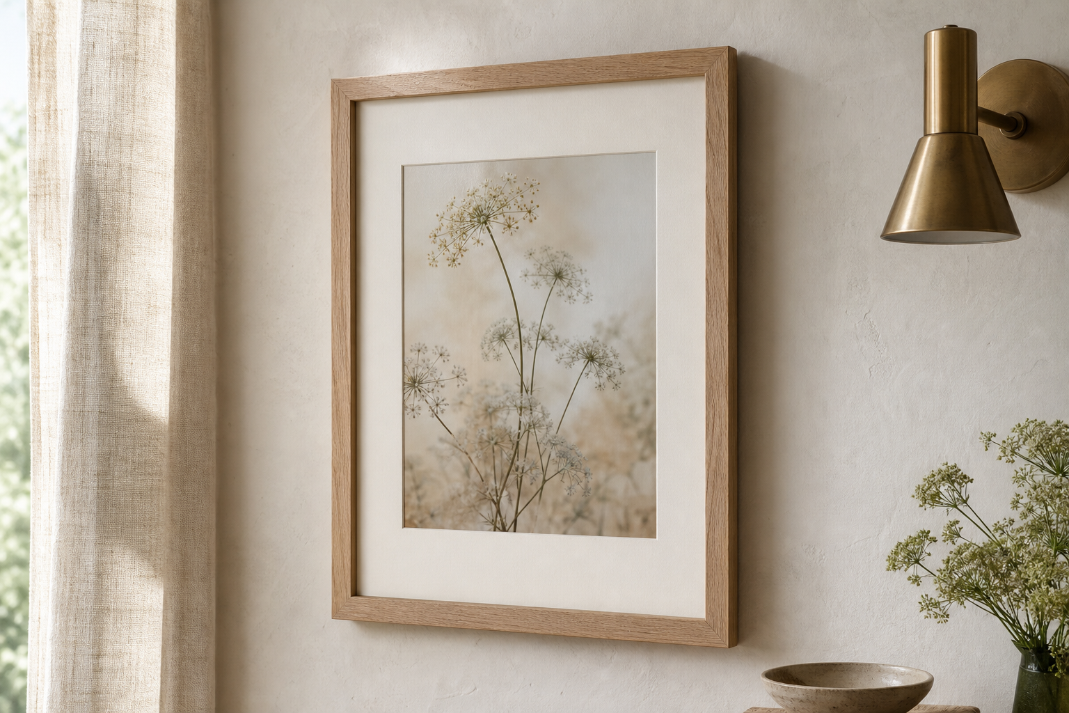 Close-up of oak frame and matted portrait print on textured wall