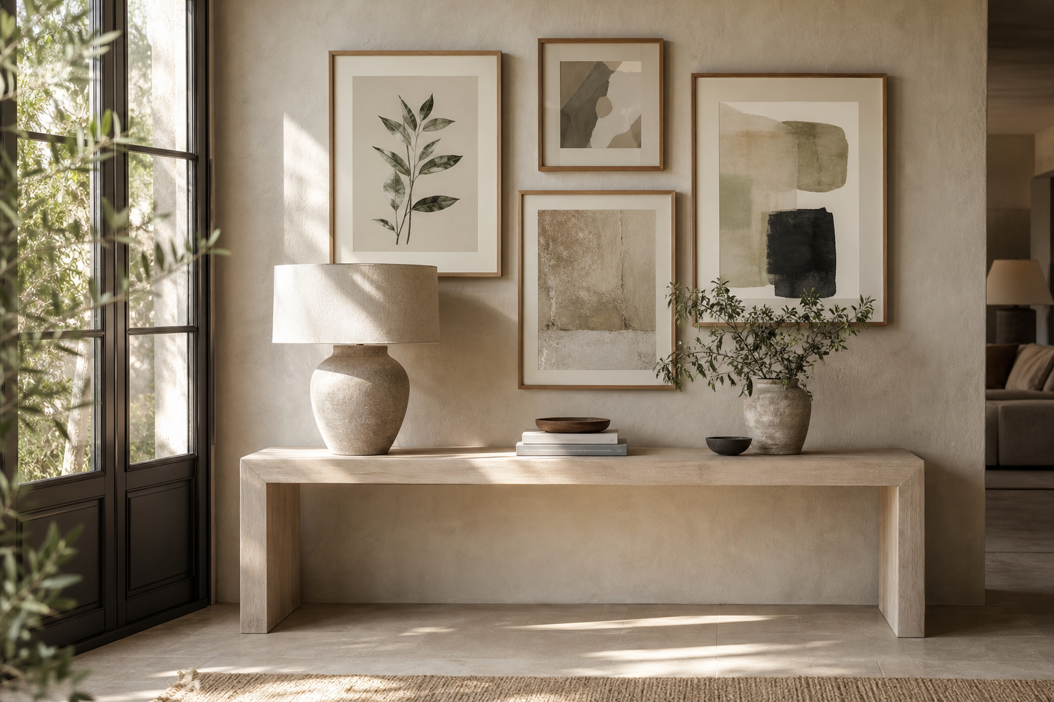 Soft gallery wall with portrait and abstract prints above a console