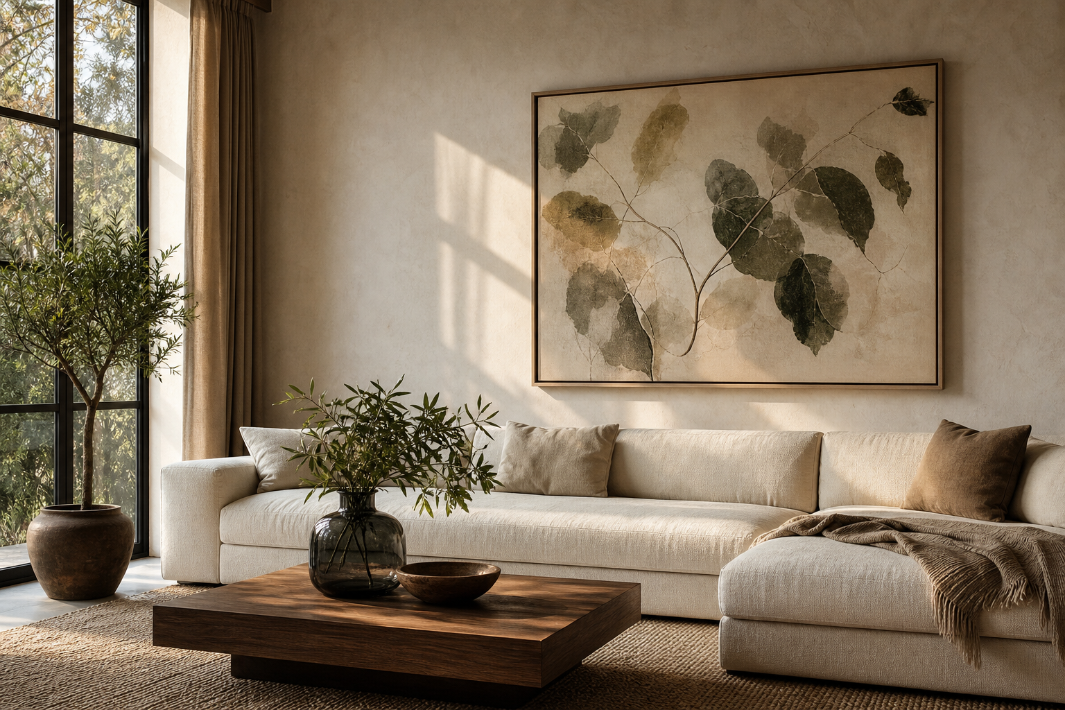 Living room with oversized dreamlike portrait art above a sofa