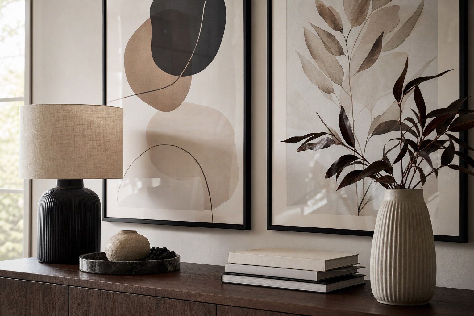 Close-up of slim black frame and textured art above a console