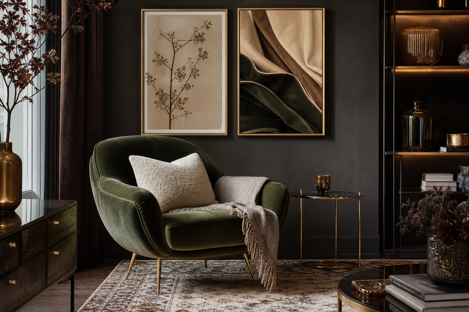 Layered living room with textured textiles and fashion-led art