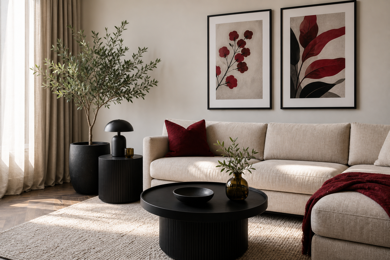 Living room in cream, black, and red with fashion-inspired wall art