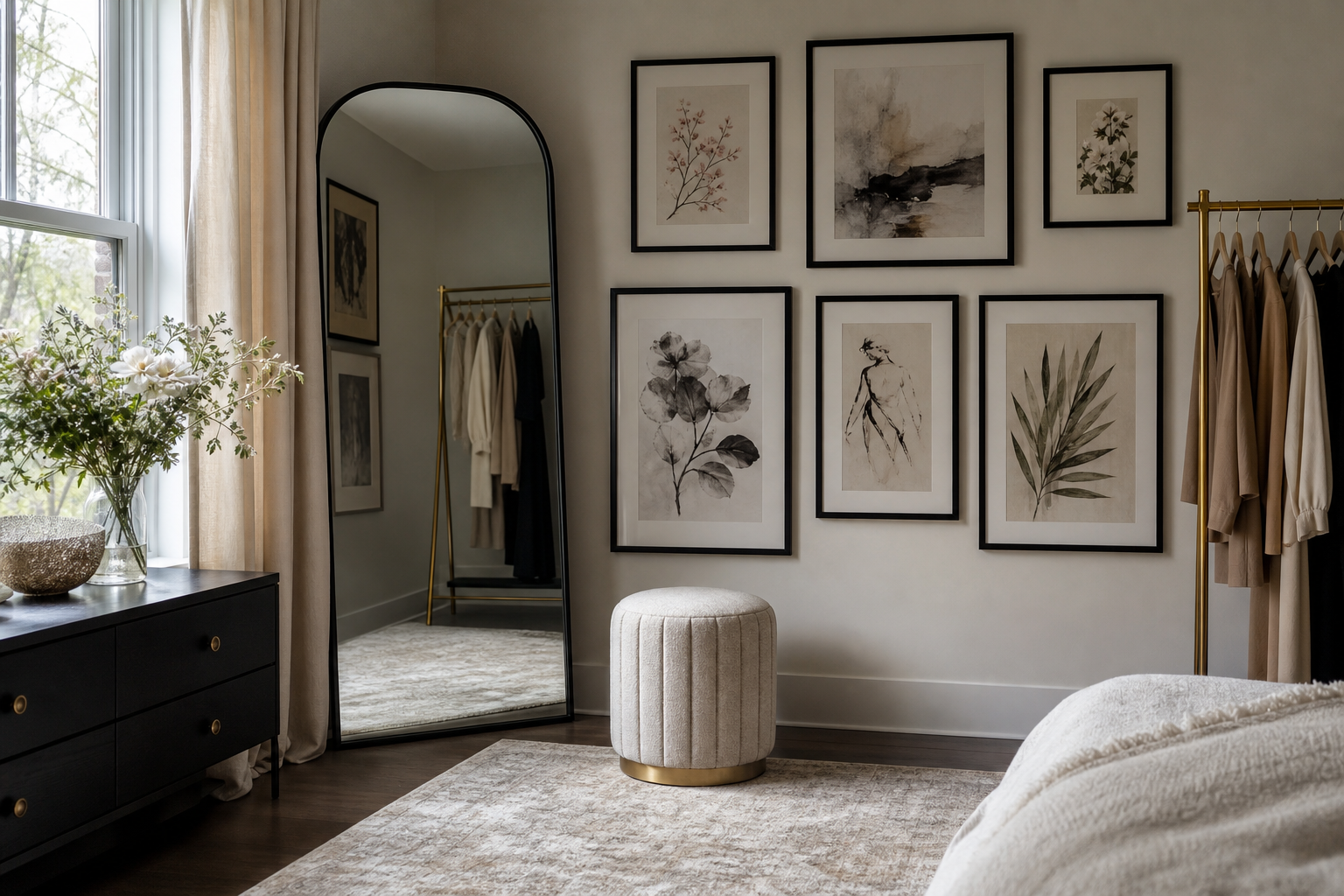 Editorial gallery wall in a dressing area