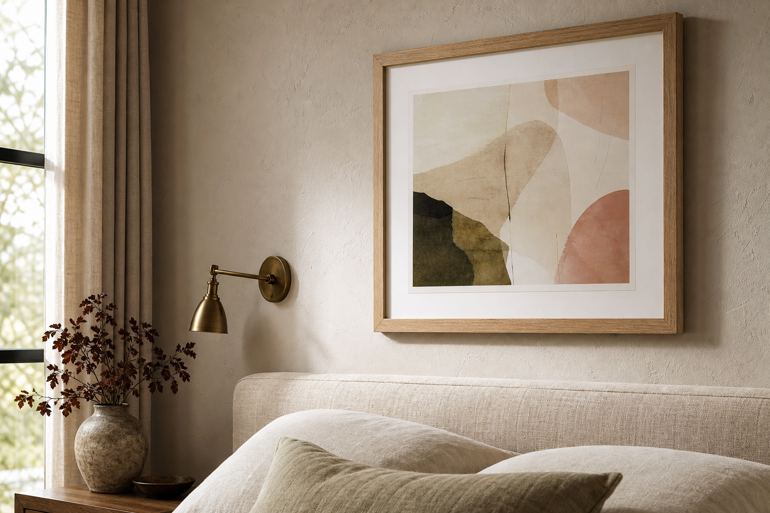 Close-up of bedroom art frame and materials