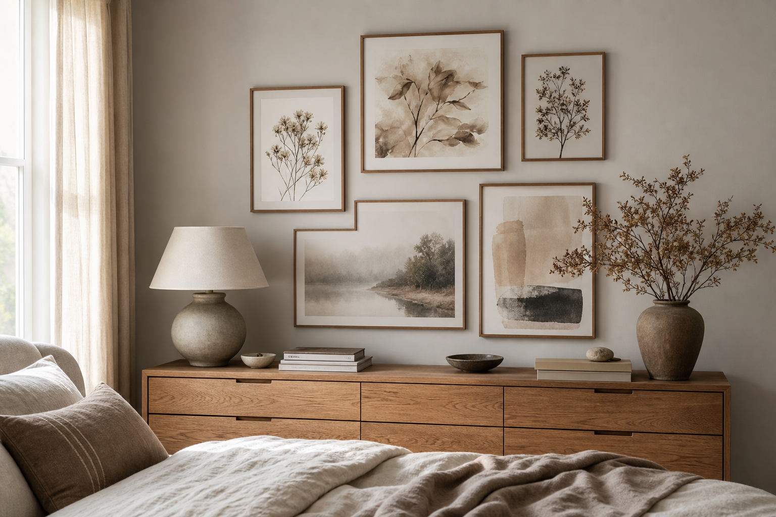 Calm bedroom gallery wall with cohesive fine art prints