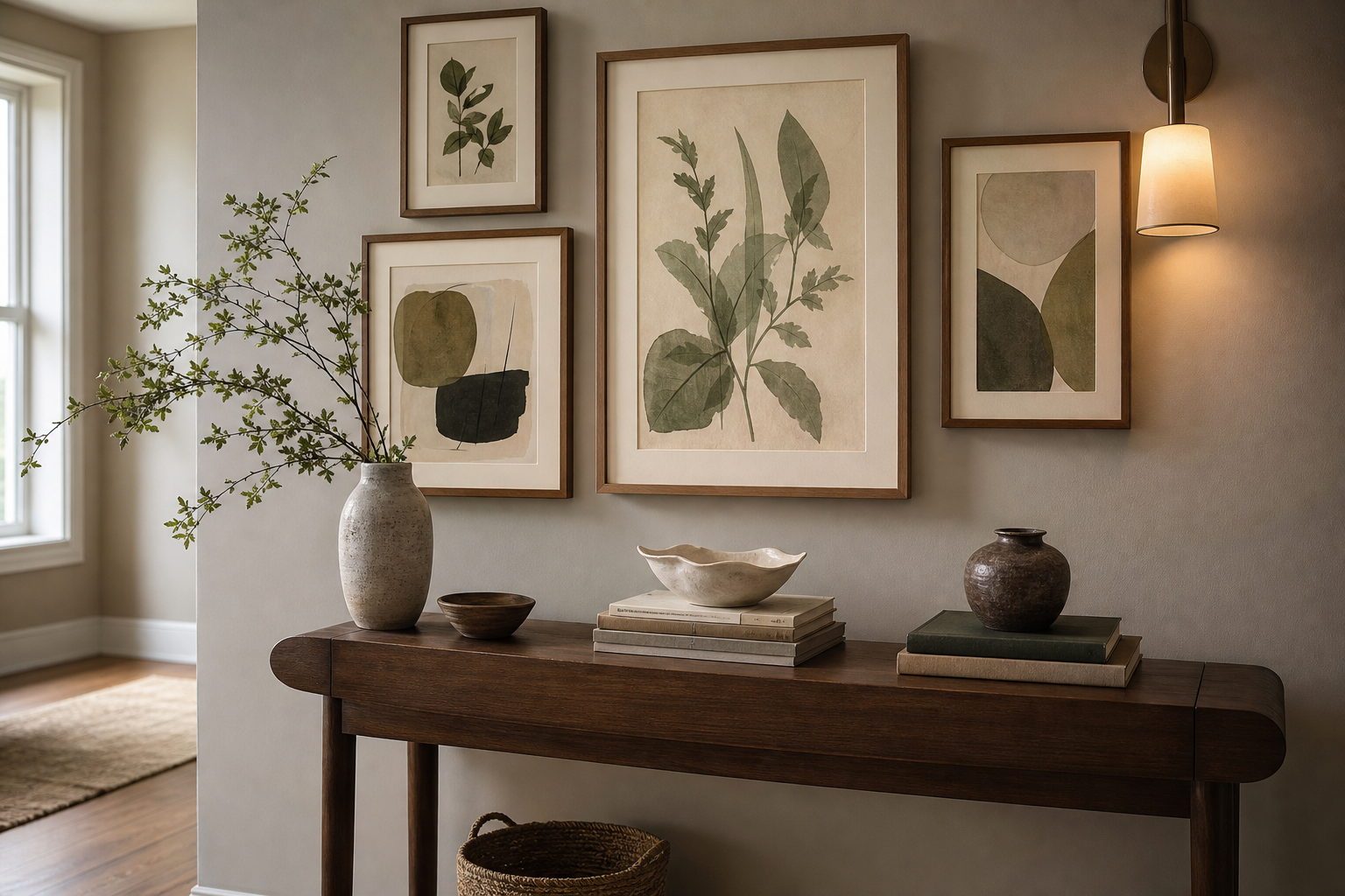 Personal gallery wall with figure study, sketch, and abstract art above a console