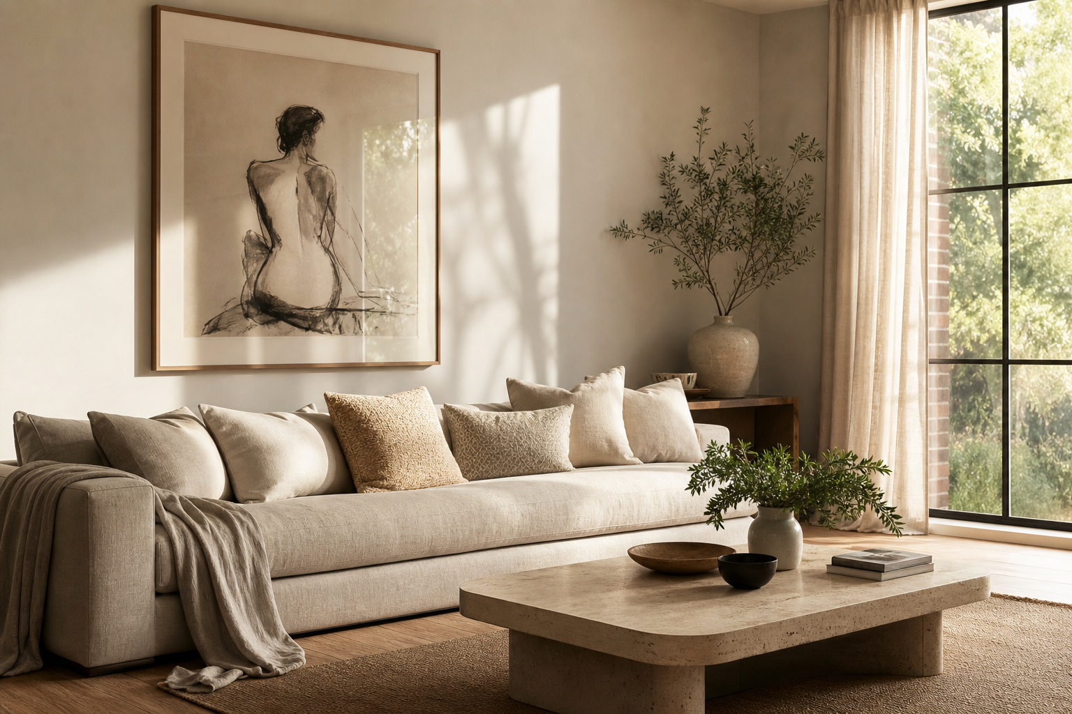 Living room with figure study art above a linen sofa