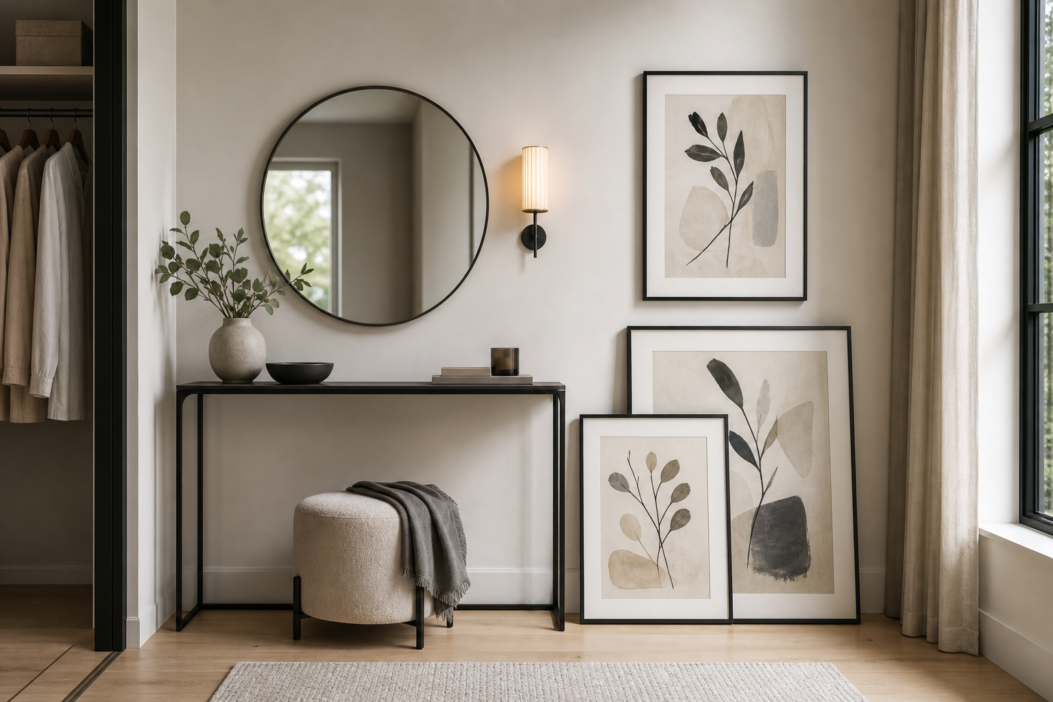 Wall arrangement showing different sizes of figure study art in a dressing area