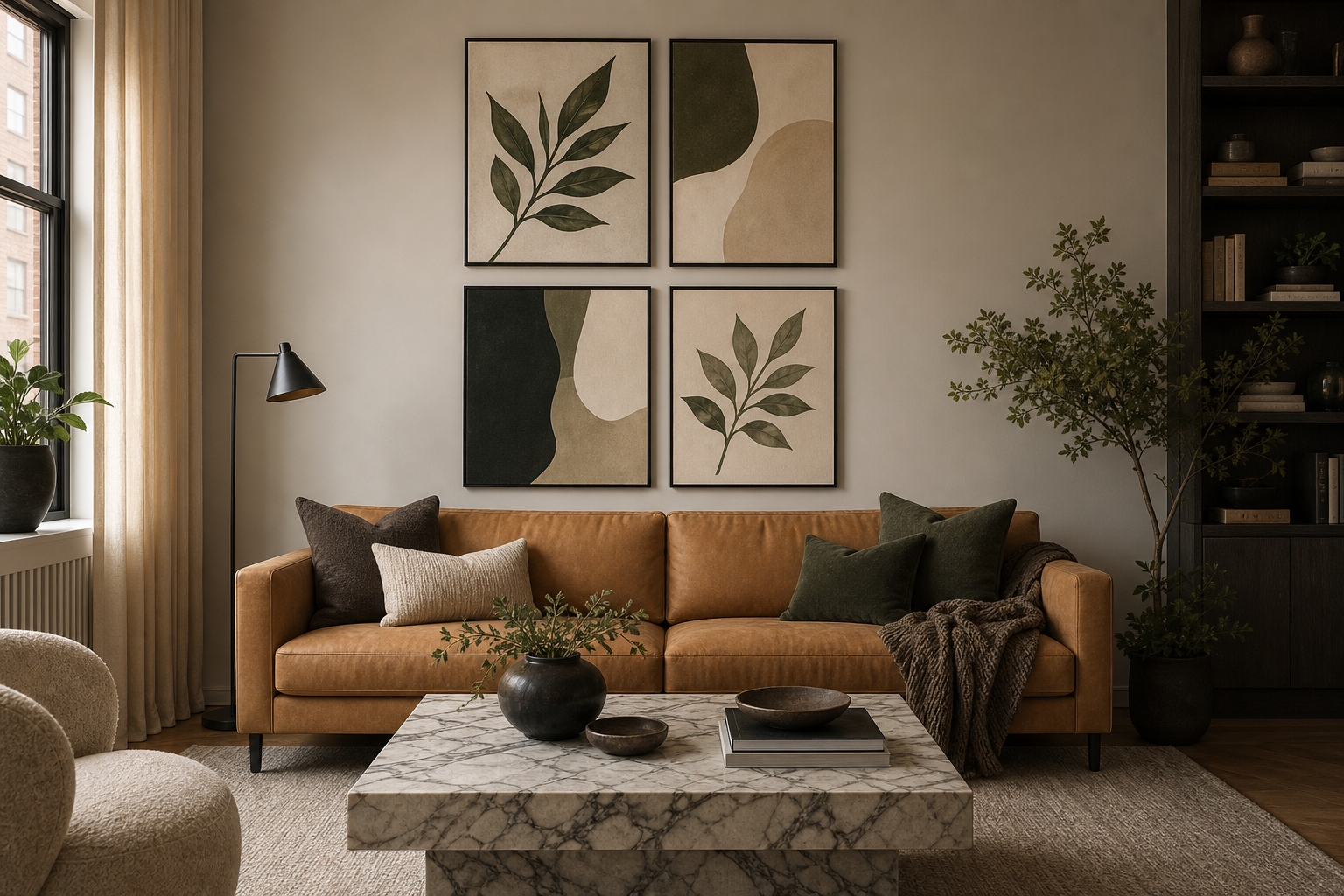 Example of a balanced gallery arrangement above a living room sofa