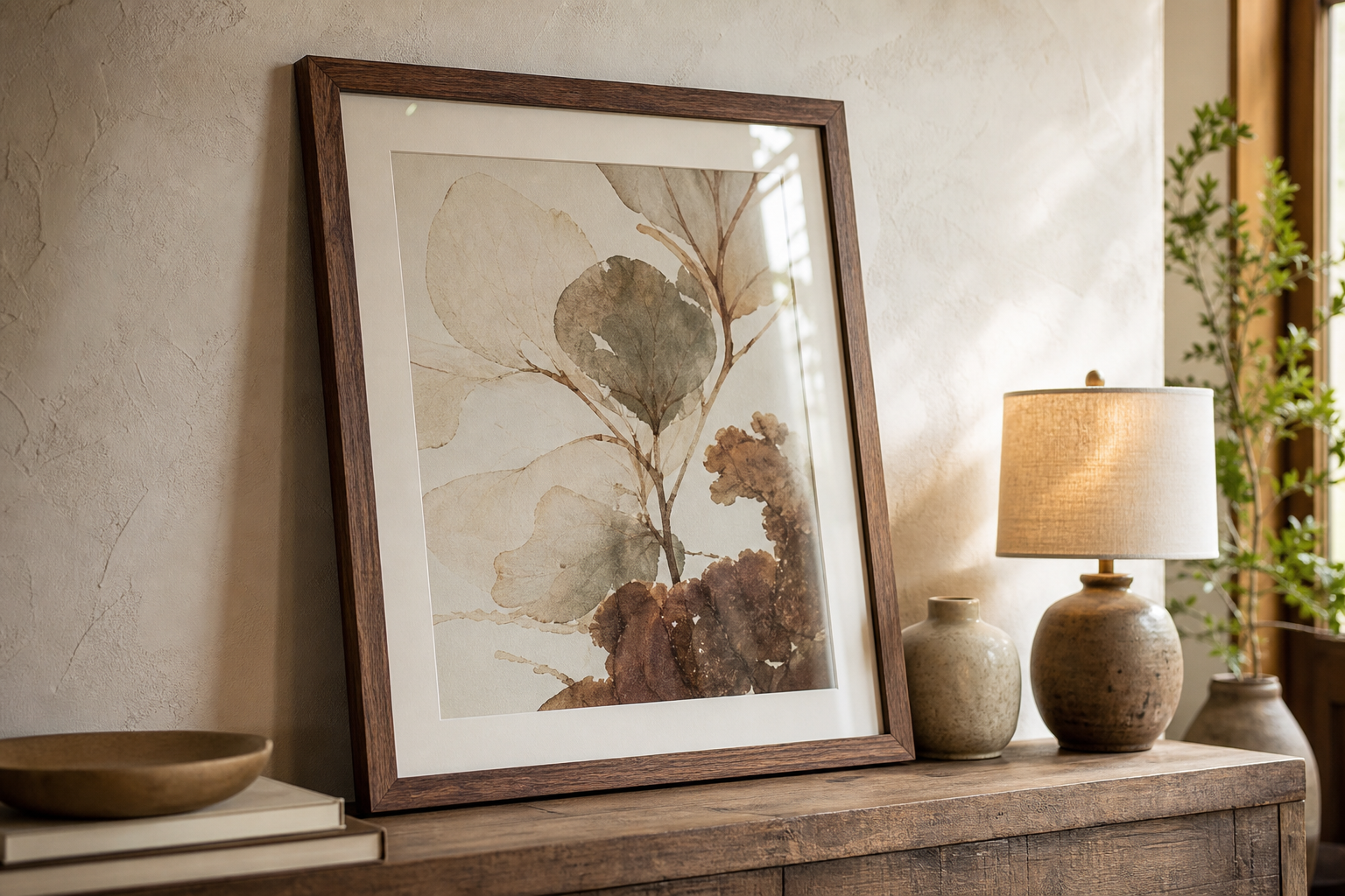 Close-up of a wood frame and fine art print in a living room