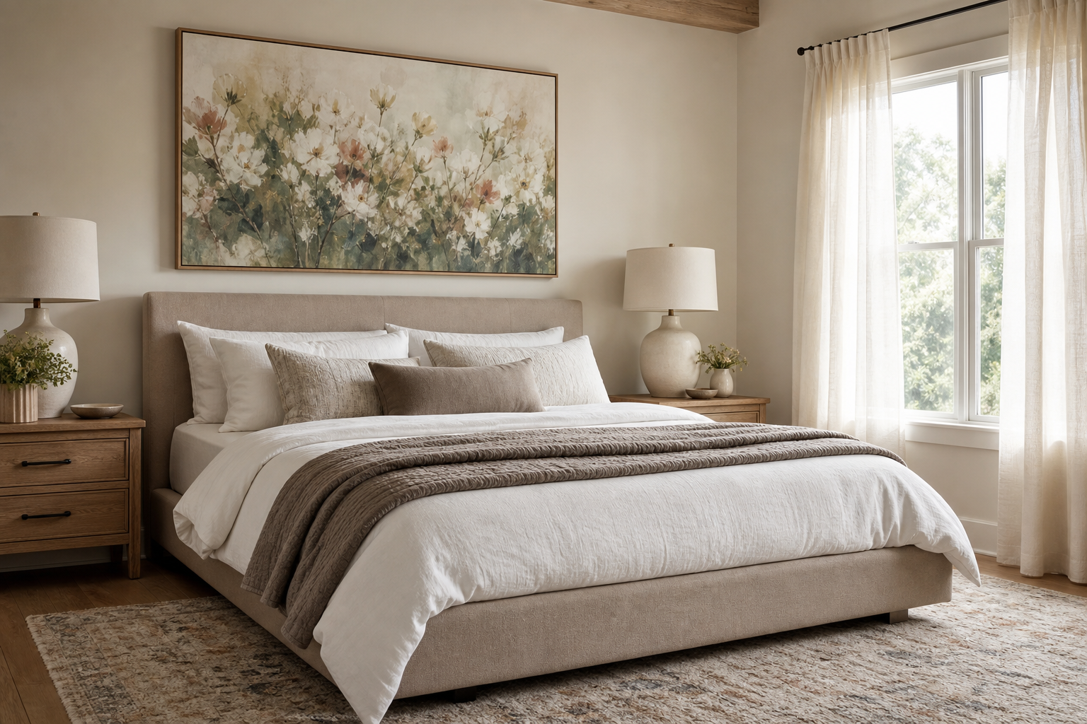 Bedroom with soft-toned fine art reproduction above bed