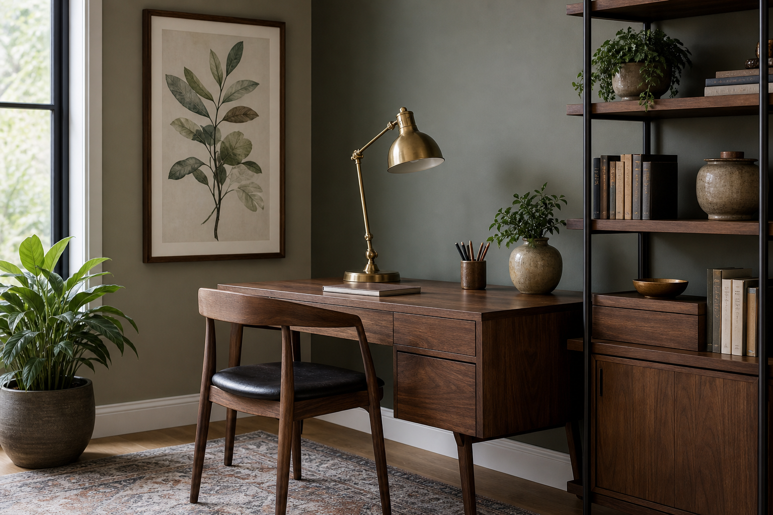 Home office with framed museum-style art print and warm wood details