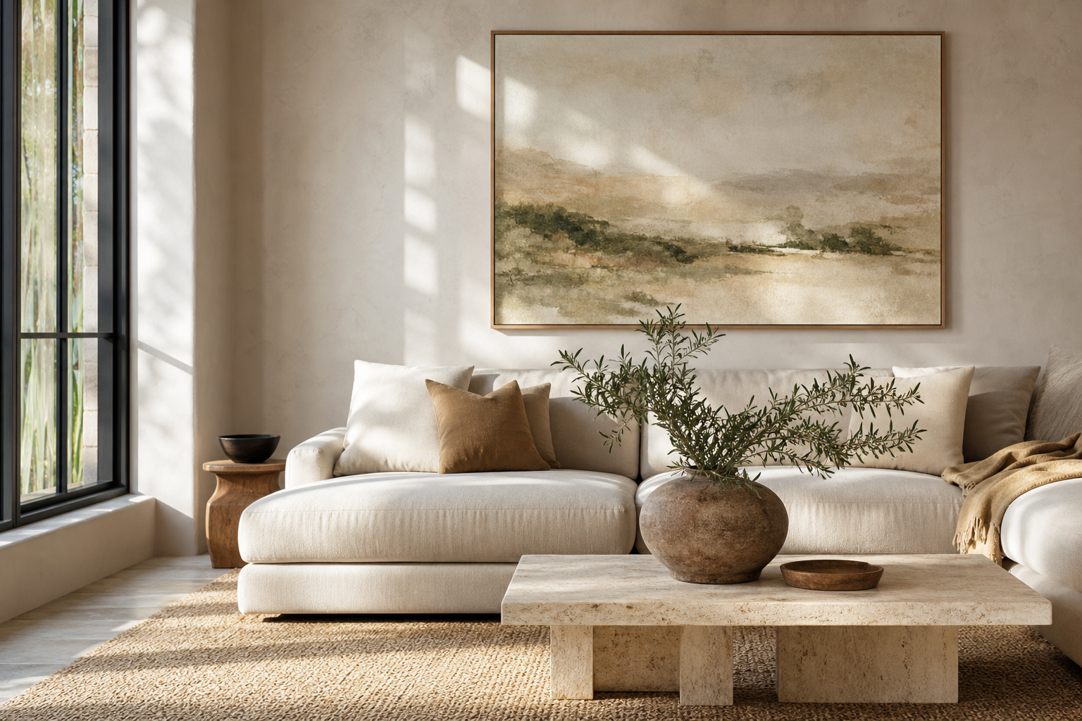 Living room styled with a large museum-inspired landscape reproduction
