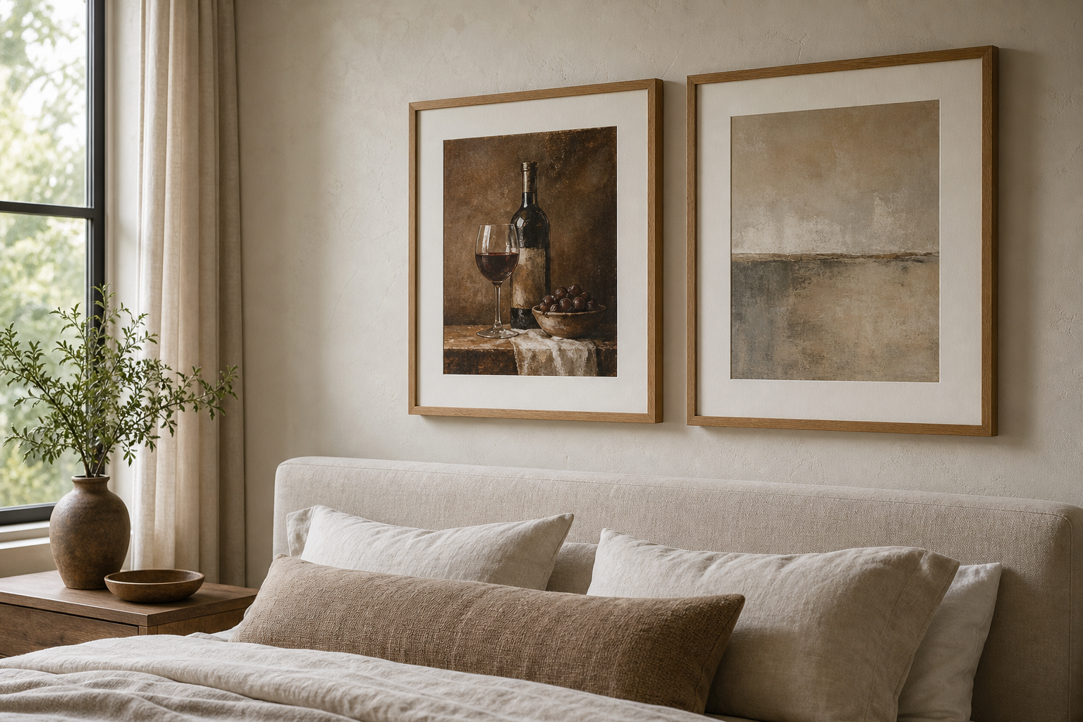 Close-up of bedroom wall art frames and materials