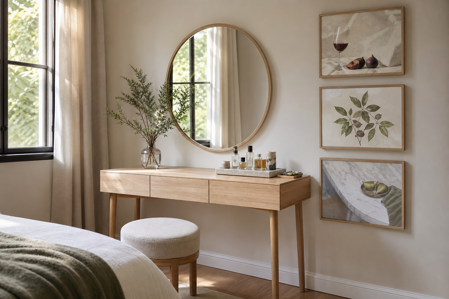 Bedroom with food and drink art above dressing table