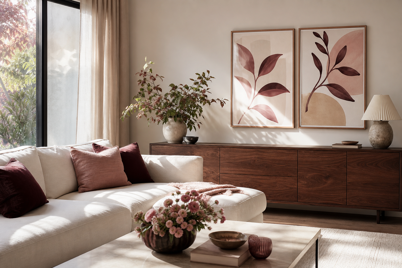Neutral living room with pink and wine-toned wall art