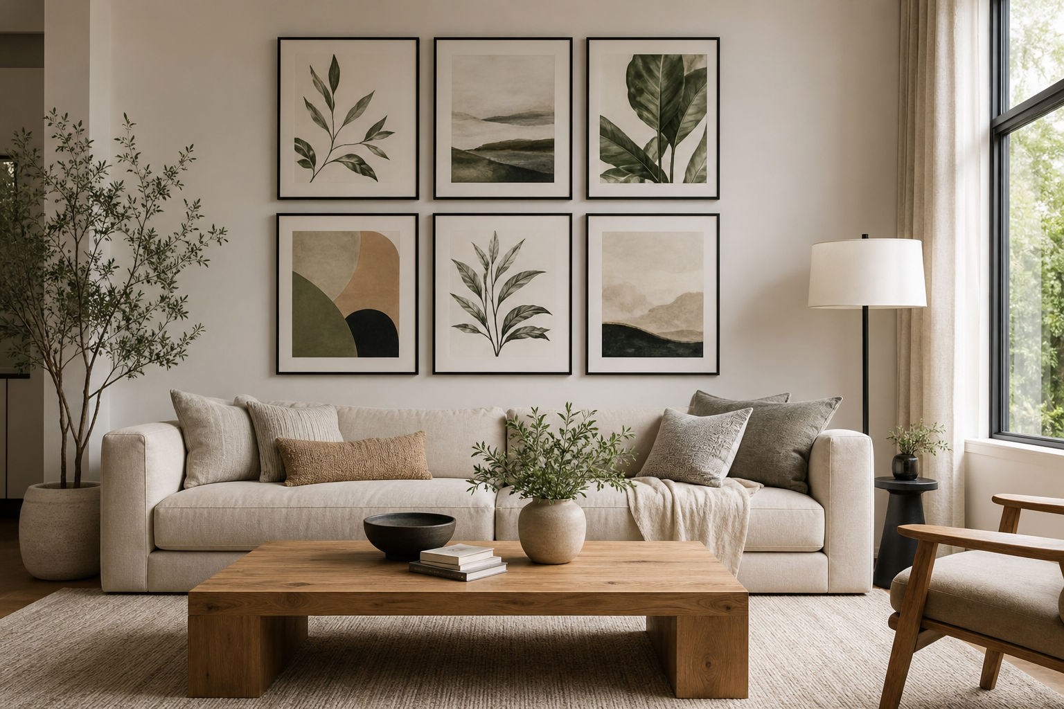 Sofa wall with a balanced four-piece food and drink art arrangement