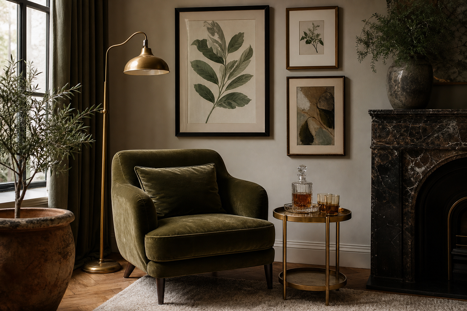 Vintage-inspired living room corner with cocktail-themed framed art