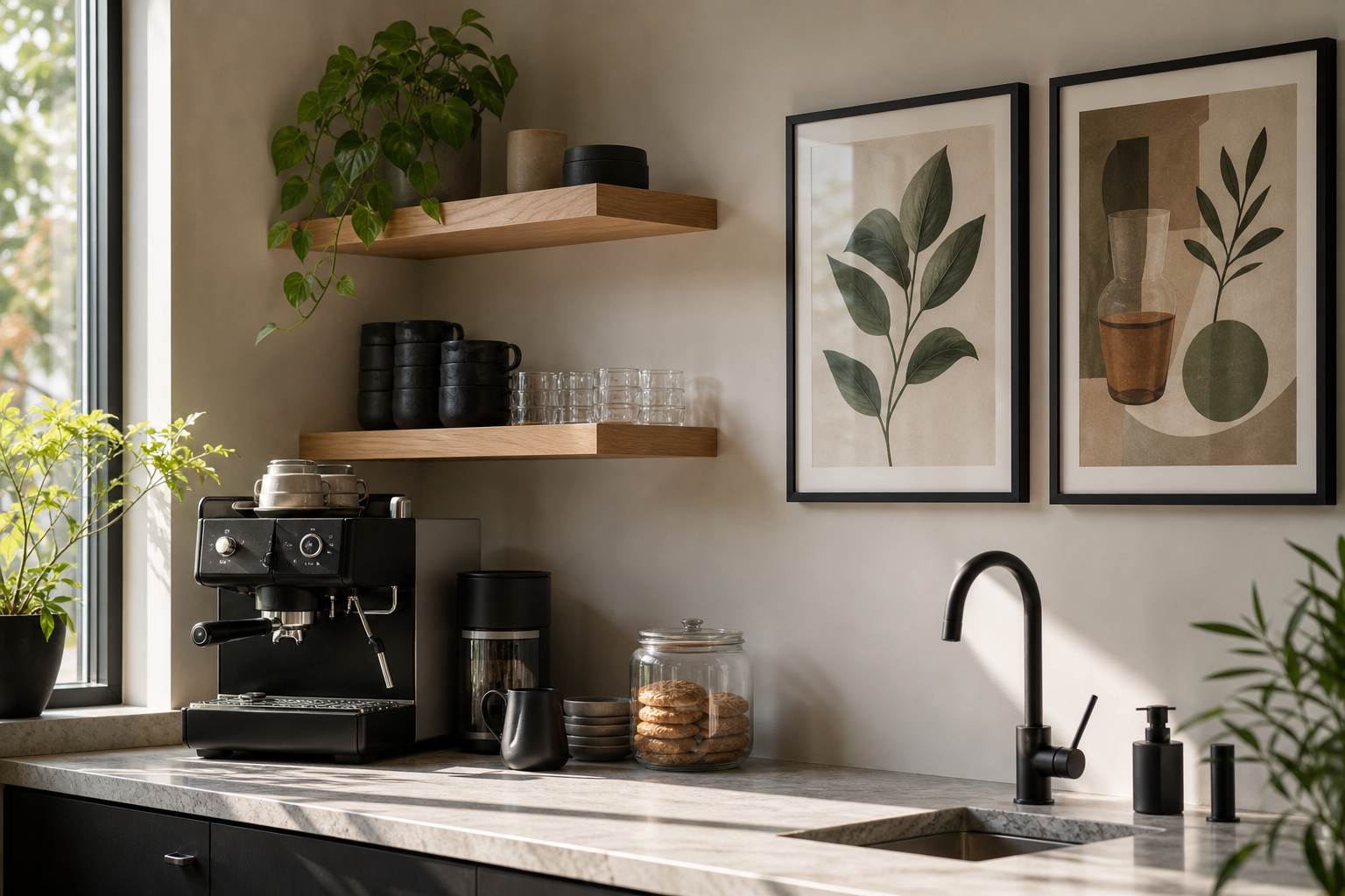 Office coffee corner with framed drink-themed wall art