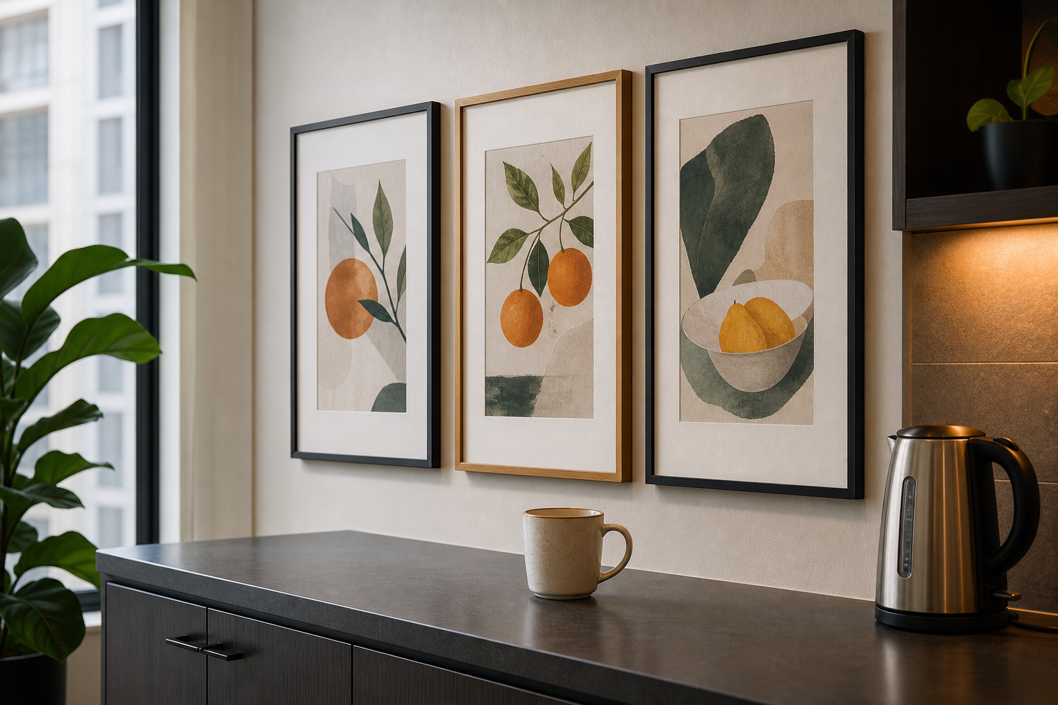Close-up of office wall frames near kitchen counter