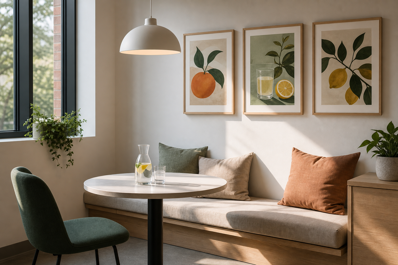 Inviting office break nook with coordinated food and drink art