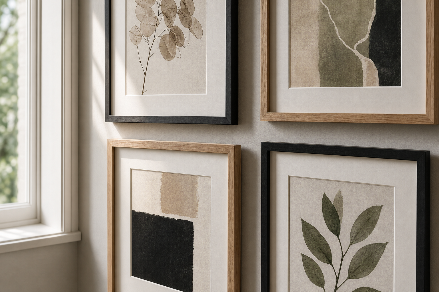 Close-up of gallery wall frames and mats