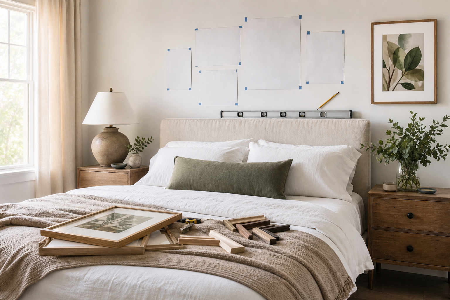 Bedroom wall being planned with paper templates