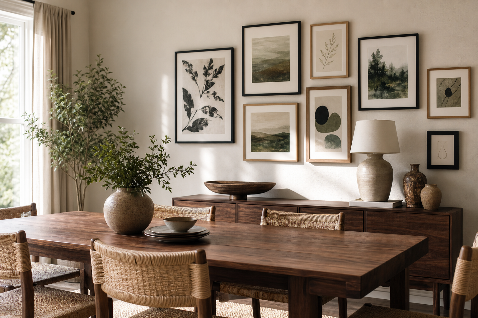 Dining room with mixed gallery wall arrangement