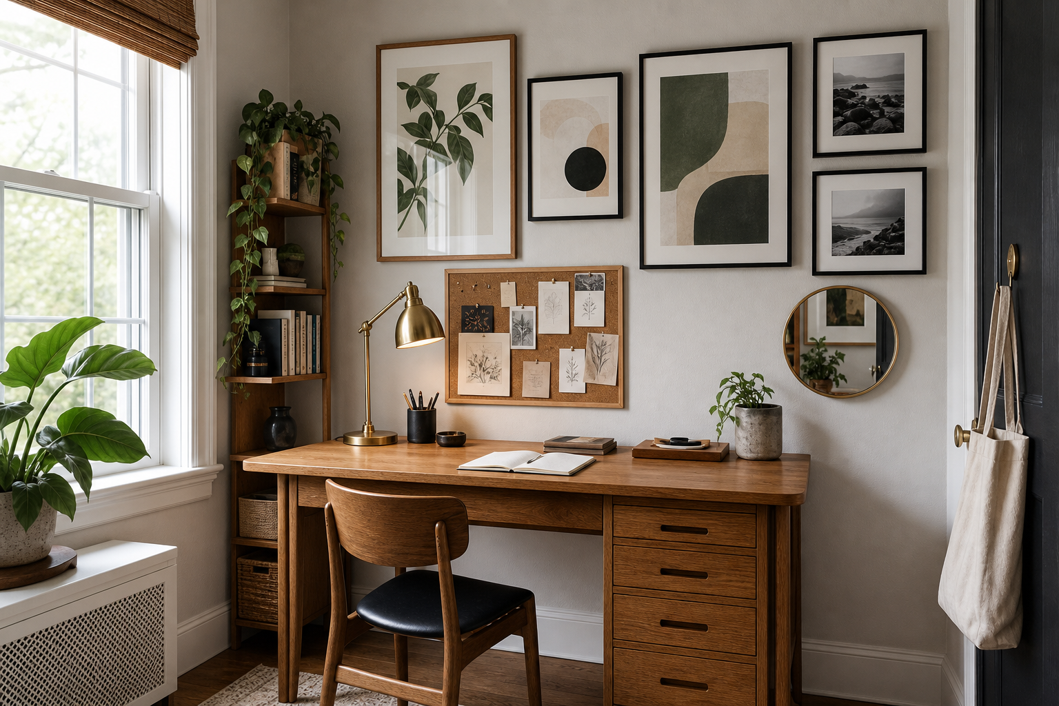 Home office gallery wall with art and personal photos