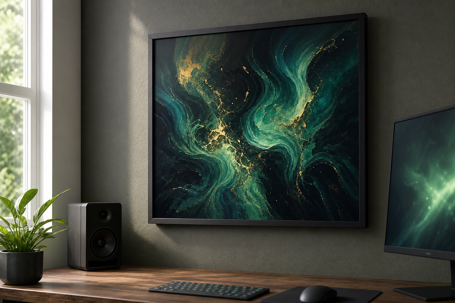 Close-up of framed gaming wall art in a modern setup