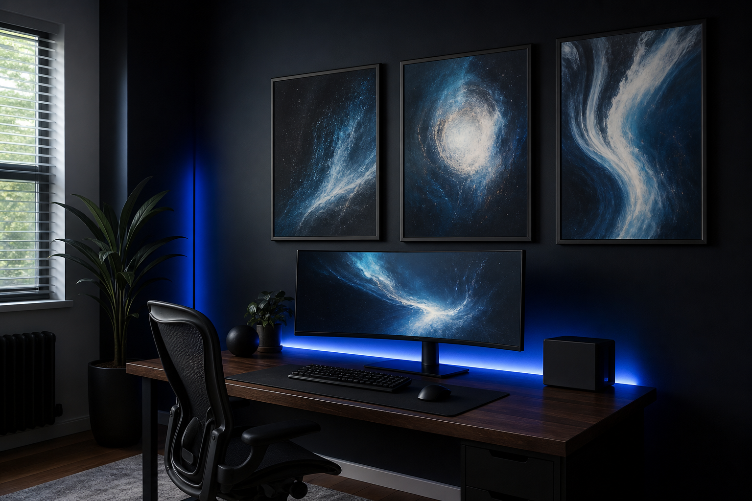 RGB-lit gaming setup with coordinated framed wall art