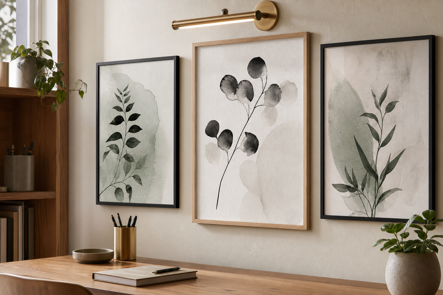 Close-up of home office frames and materials