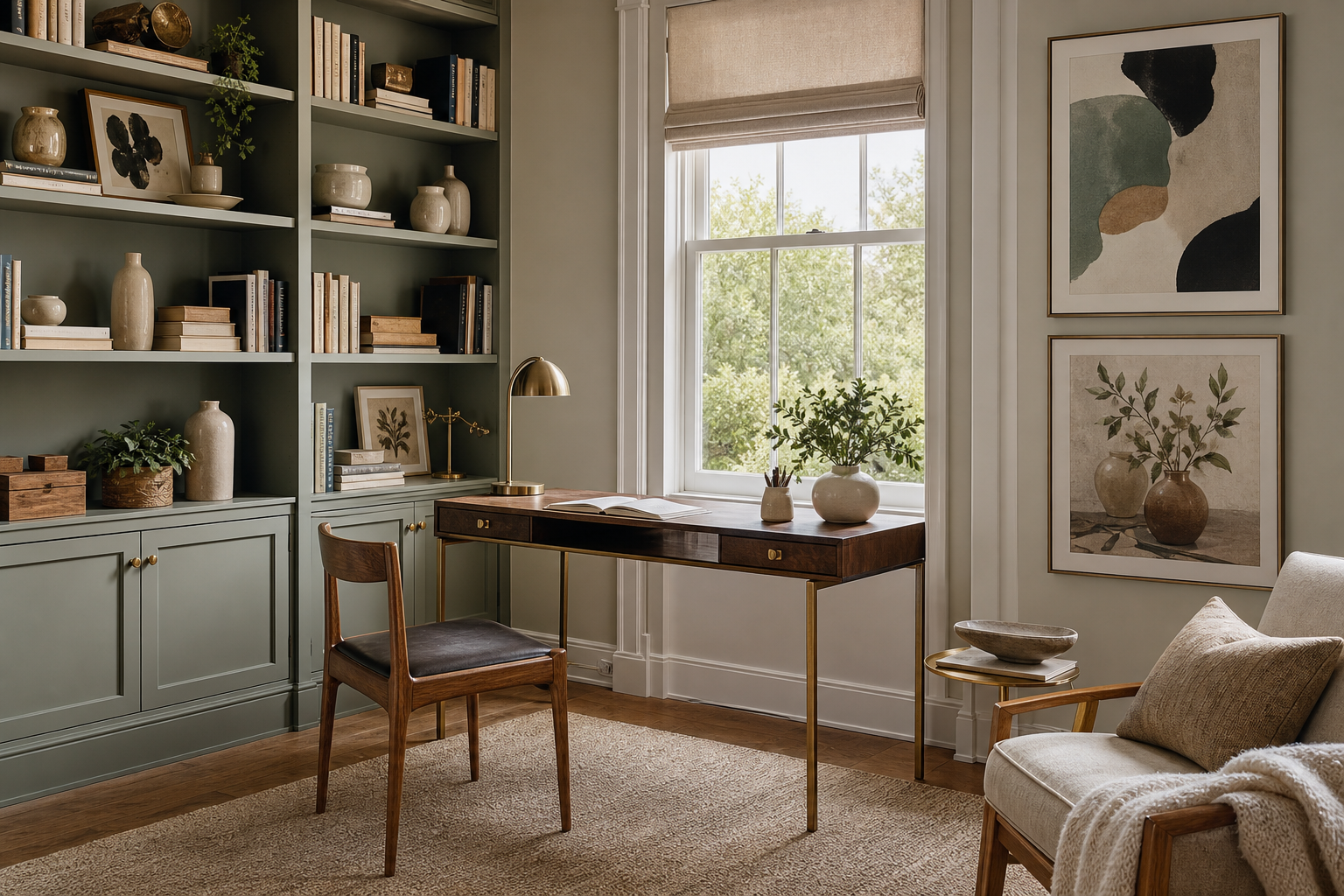 Home office with nature and abstract wall art near shelving