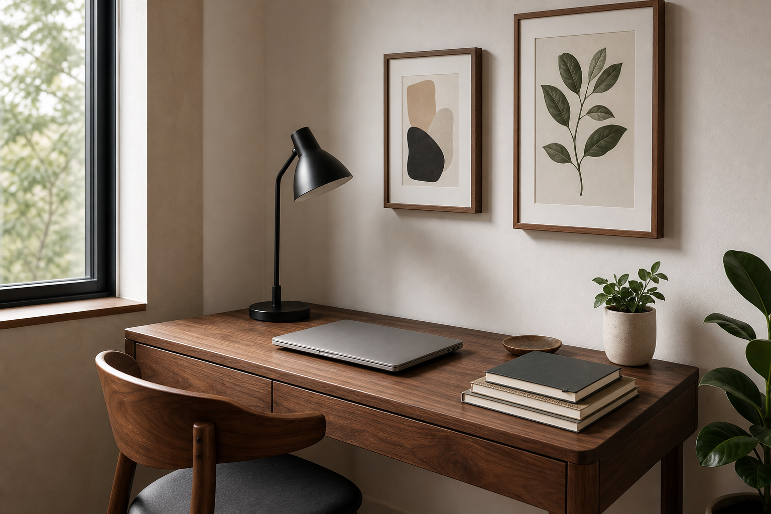Calm desk wall with minimalist framed art