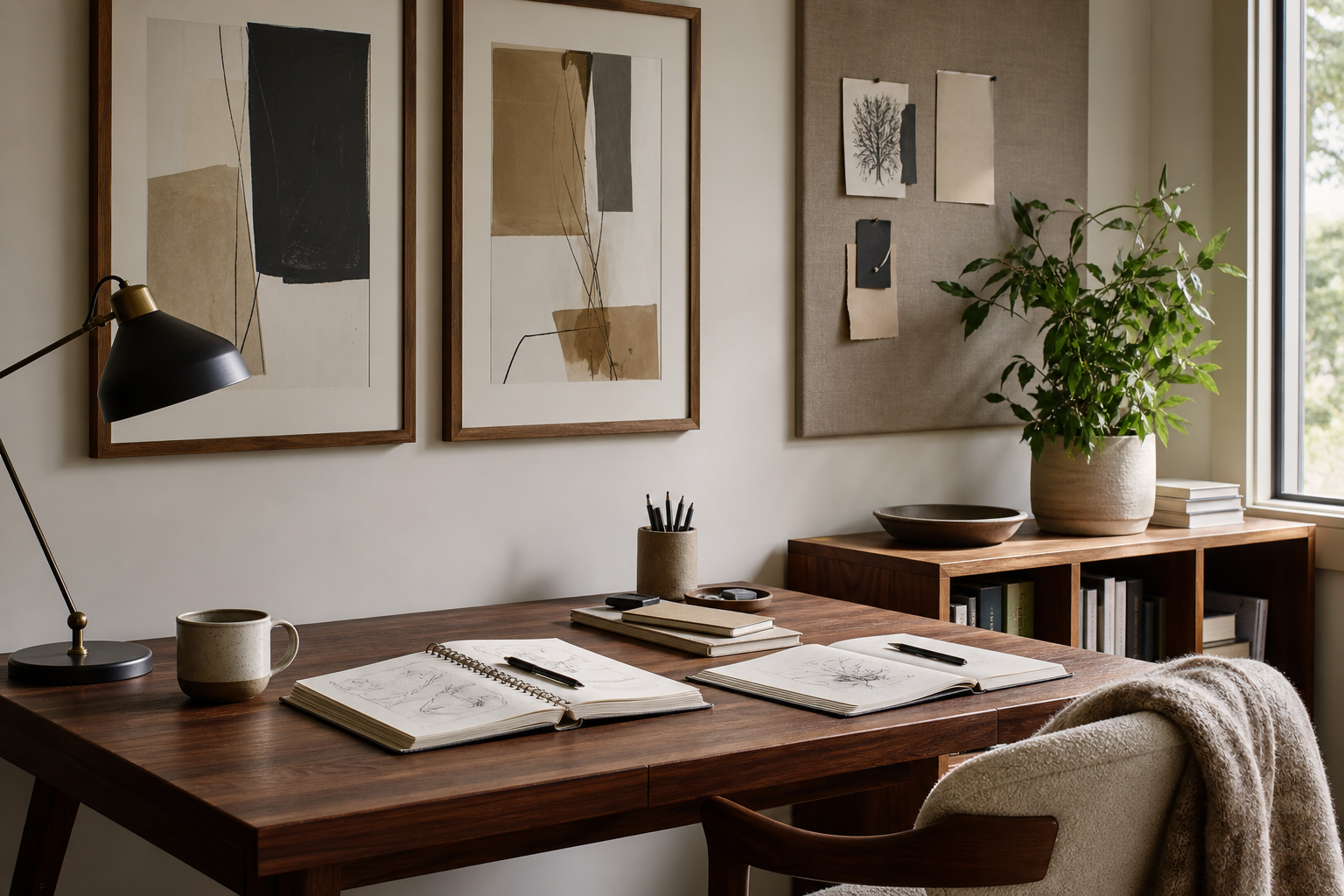 Creative home office with layered abstract wall art