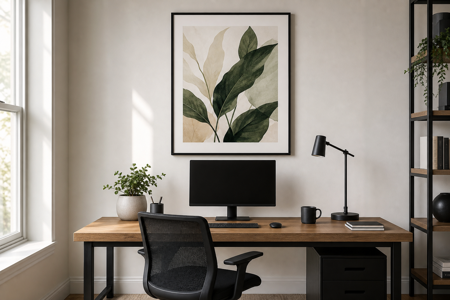 Properly sized framed art hung above home office desk