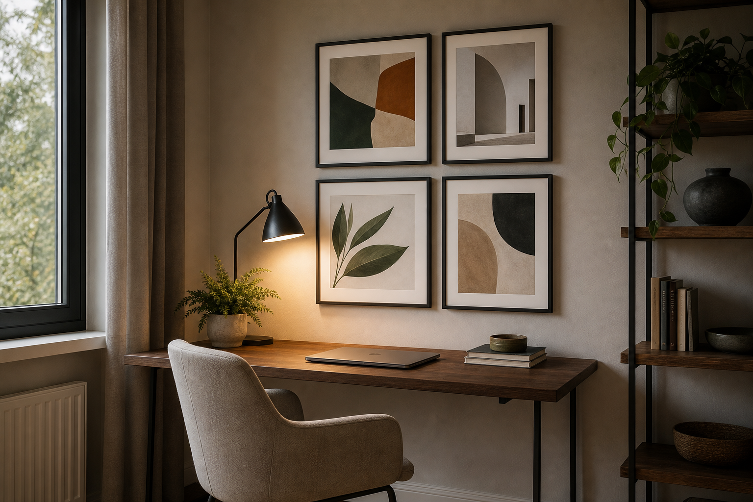 Balanced gallery wall in a home office