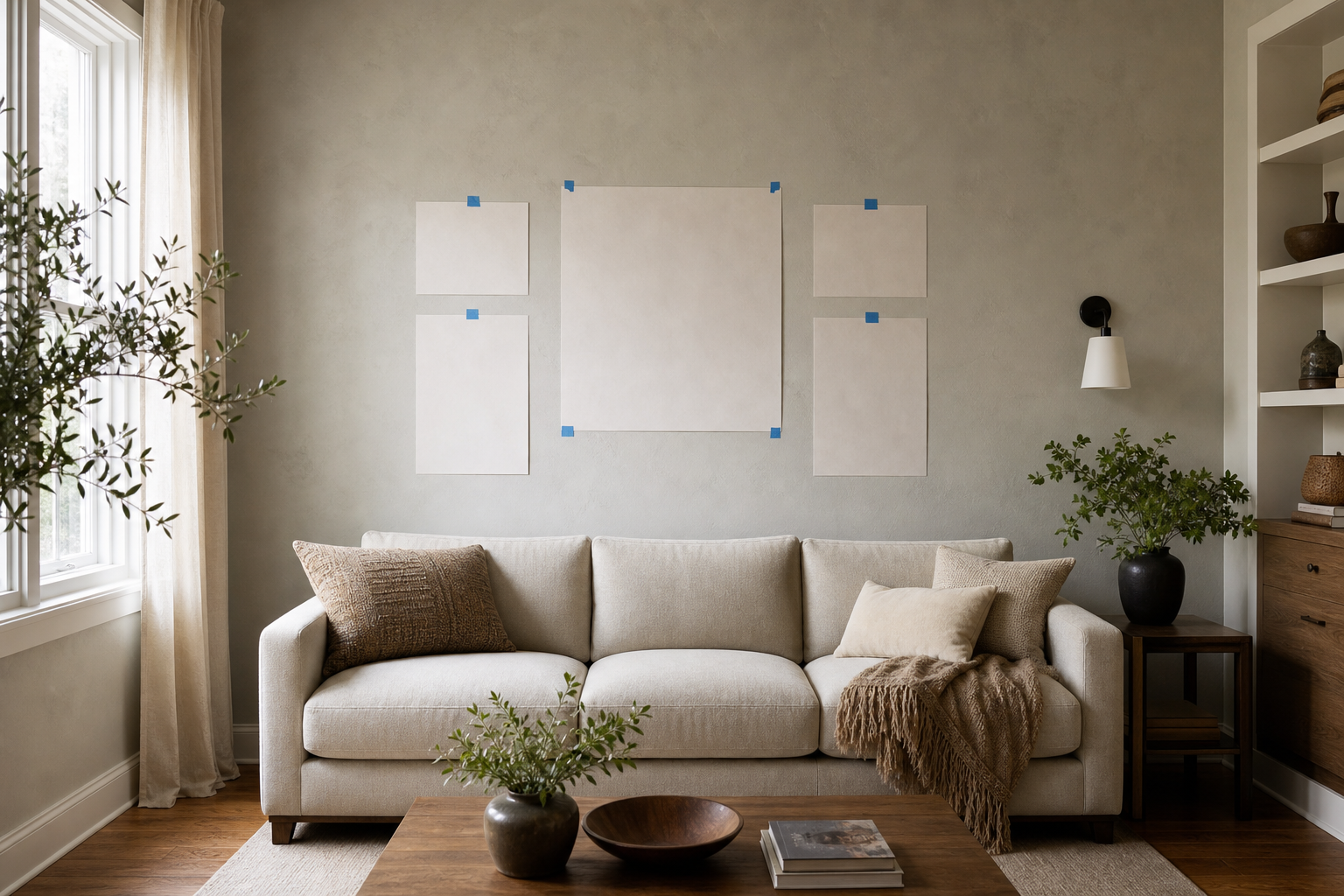 Measured wall above a sofa prepared for a gallery wall