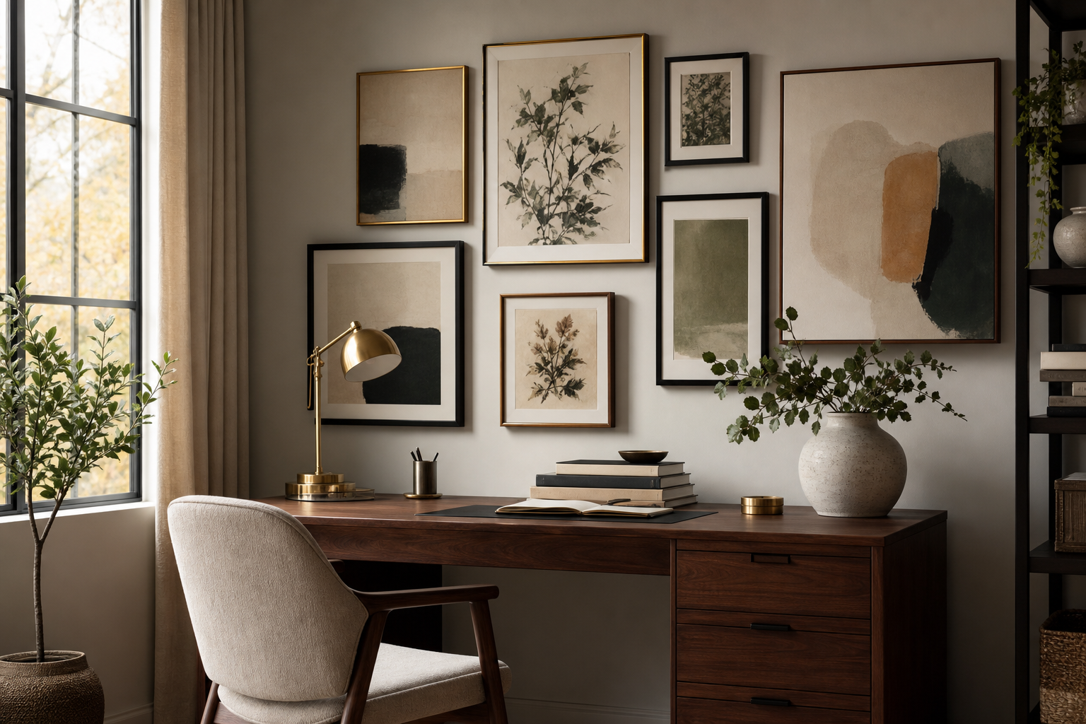Finished gallery wall styled in a home office corner