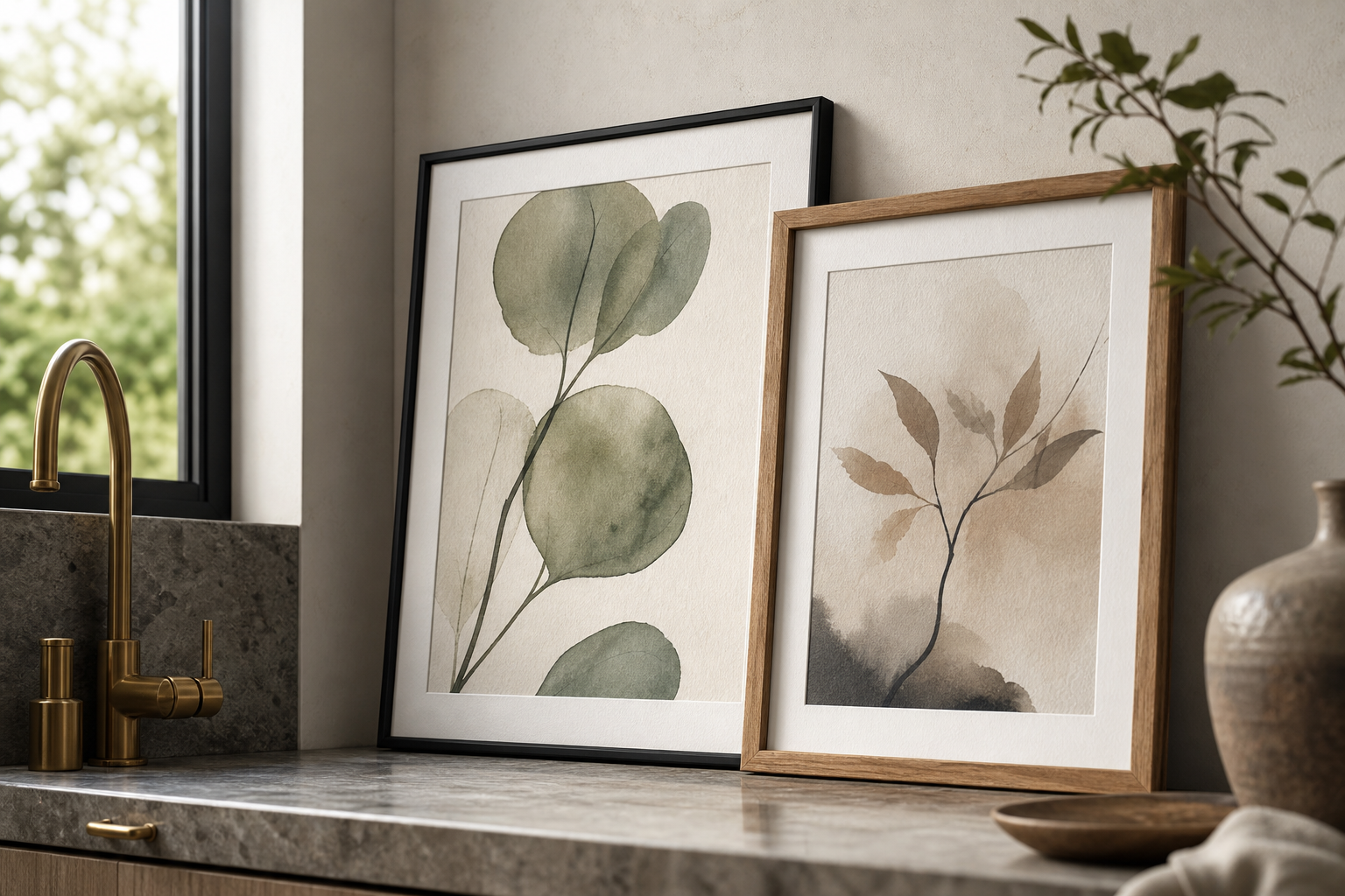 Close-up of black and oak frames with typography art in a kitchen