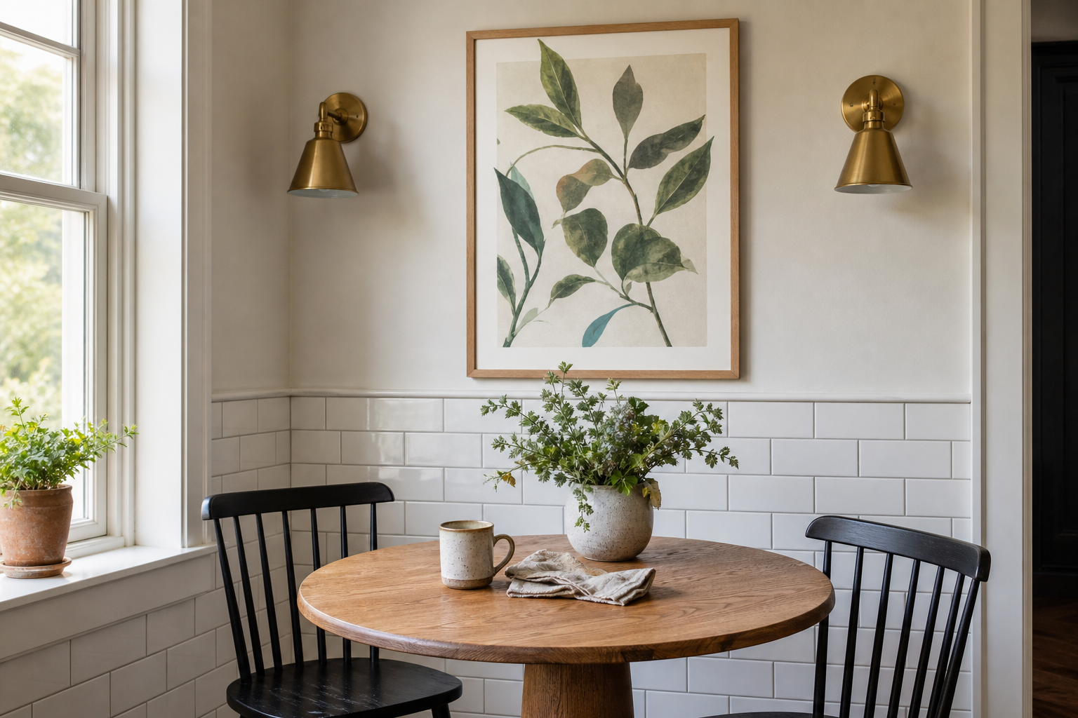 Typography art above a breakfast nook in a modern kitchen