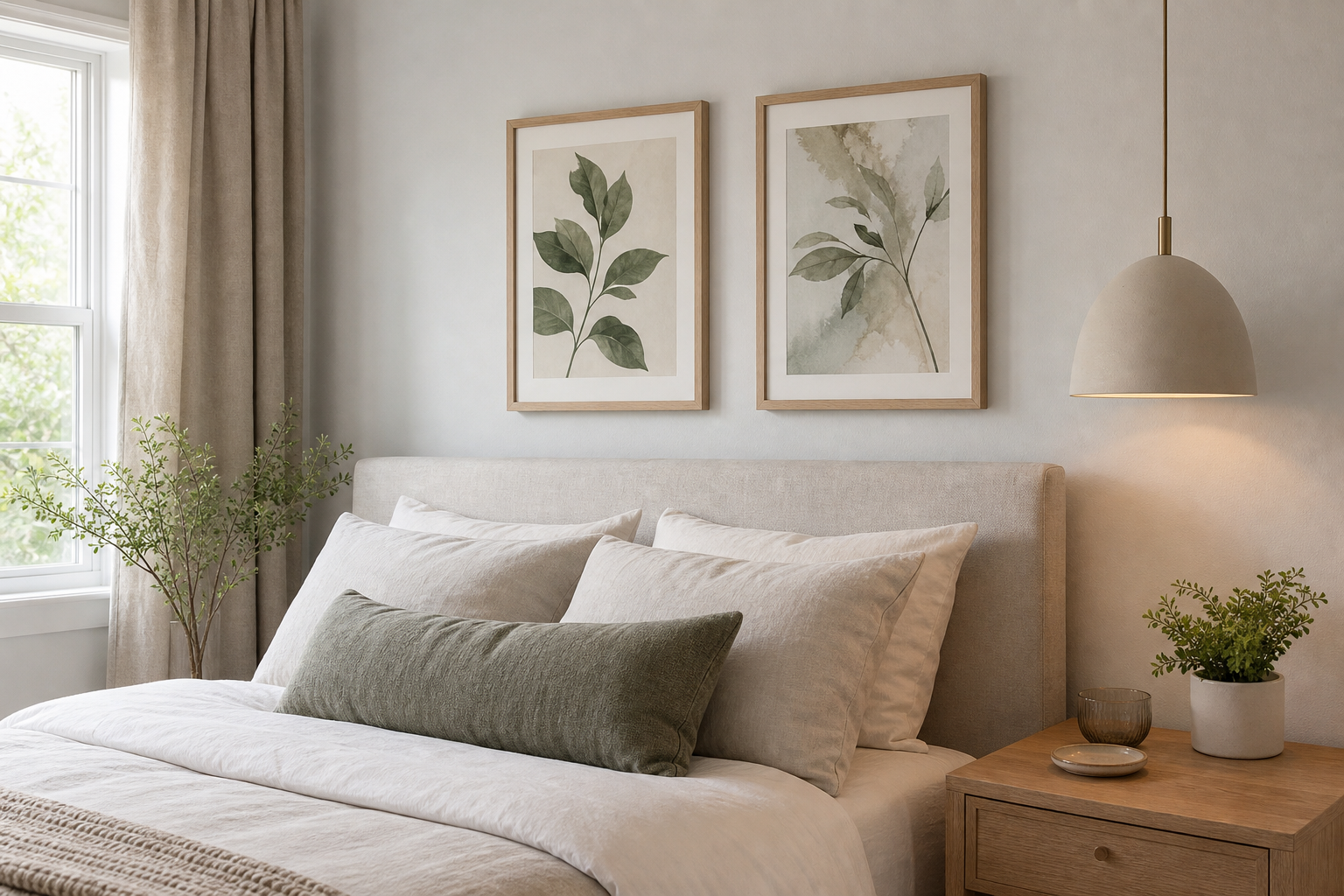 Renter-friendly bedroom with easy-swap framed art display