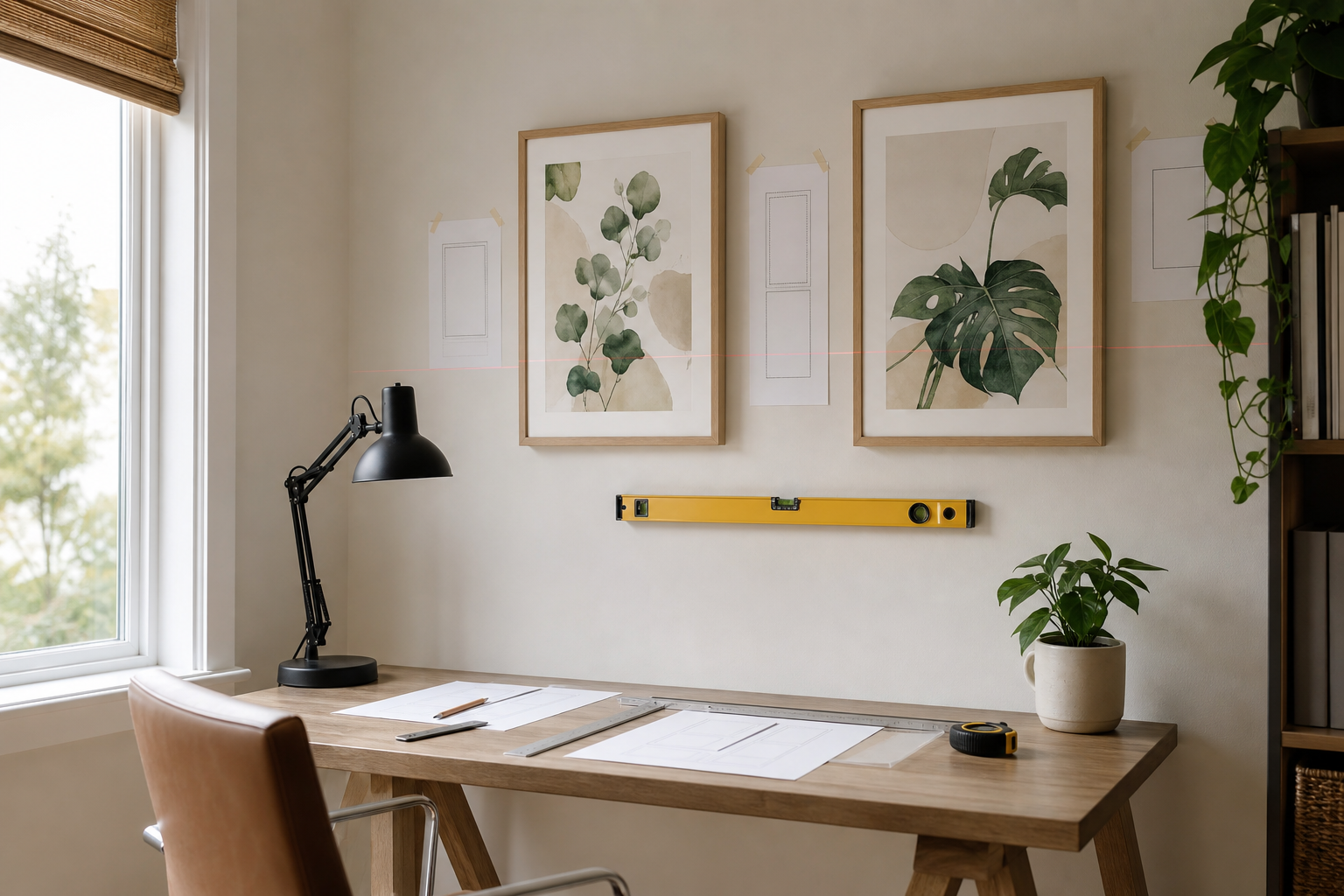 Home office desk with measured wall art placement