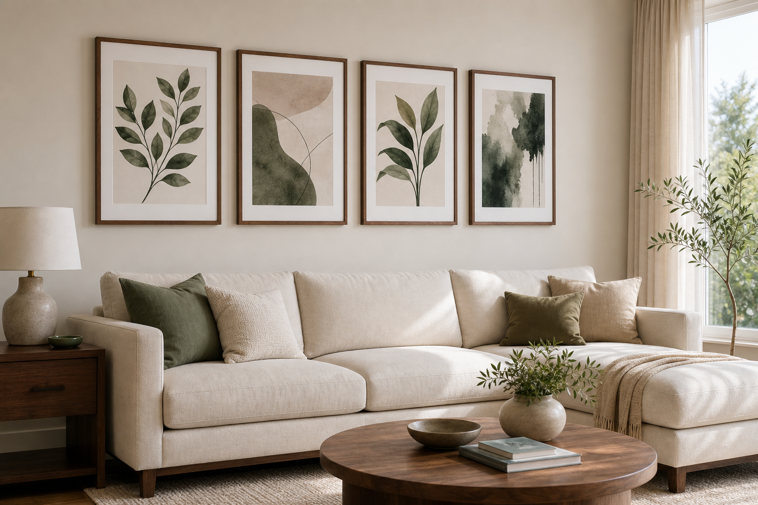 Living room with removable-strip gallery wall above sofa