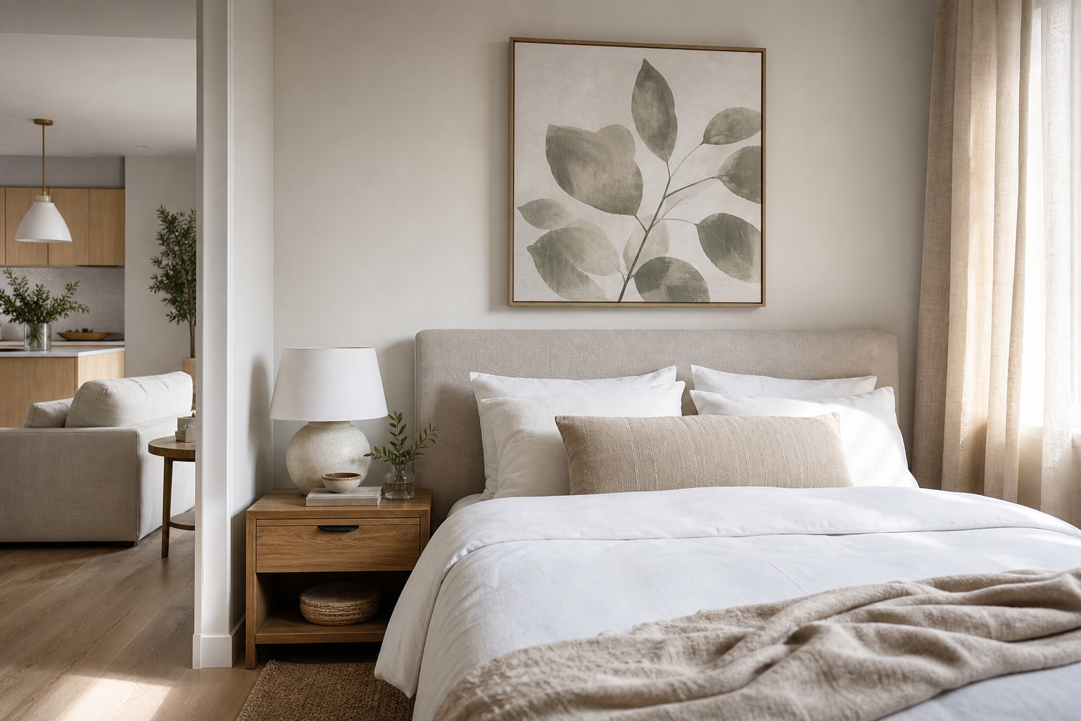 Calm bed area with soft framed art above headboard