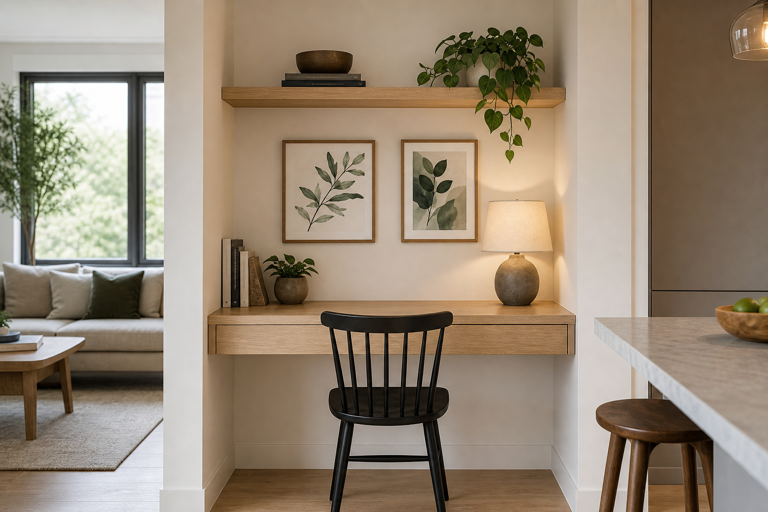 Open-plan desk nook with compact art arrangement