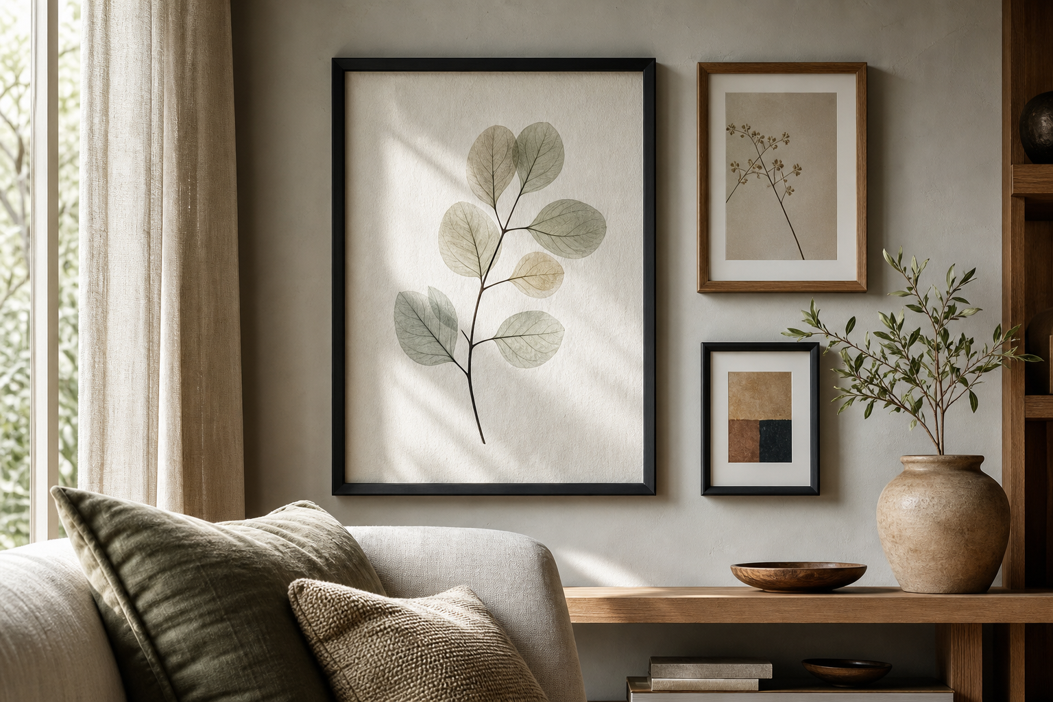 Close-up of coordinated frames and materials in open-plan interior